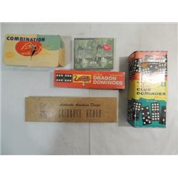 LOT 5 VINTAGE GAMES: 2 SET OF DOMINOES, 1 CRIBBAGE