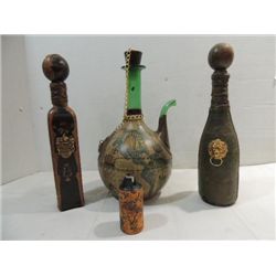 LOT 3 VINTAGE GLASS COVERED WITH LEATHER DECANTERS