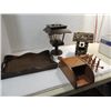 LOT 5 VINTAGE WOOD ITEMS: SERVING TRAY, TIE RACK,