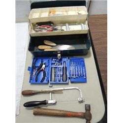 VINTAGE METAL TOOL BOX LOADED WITH JEWELER TOOLS &