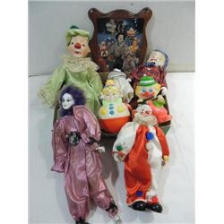 LOT 8 VINTAGE (5) CLOWN DOLLS, CLOWN PRINT PLAQUE,