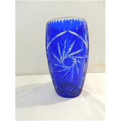 VINTAGE COBALT BLUE CUT CRYSTAL 10"H VASE