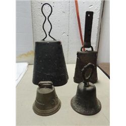 LOT 4 ANTIQUE BELLS: 2 CAST BRASS BELLS & 2 COW