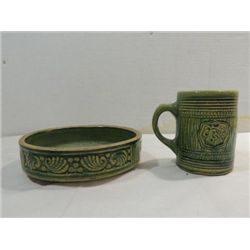 ARTS & CRAFT PERIOD EARTHENWARE MUG & CENTER PIECE