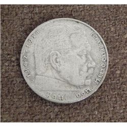 NAZI 2 MARK COIN W/EAGLE & SWASTIKA & HINDENBURG