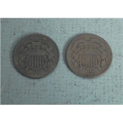 2 Civil War 2 Cent Pieces Coins 1864, 1865