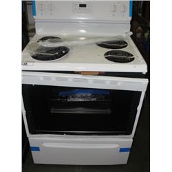FRIGIDAIRE WHITE STOVE (PHYSICAL DAMAGE PRESENT)