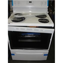 FRIGIDAIRE WHITE STOVE (PHYSICAL DAMAGE PRESENT)