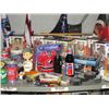 Image 1 : SHELF LOT FILLED WITH ASSORTED SPORTS COLLECTABLES; BOBBLE HEADS, PUCKS, FLAGS ETC