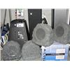 Image 1 : SHELF LOT OF ASSORTED HOME AUDIO SPEAKERS; OUTDOOR ROCK SHAPED SPEAKERS AND IN WALL SPEAKERS