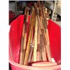 Image 1 : RED PLASTIC STORAGE BIN WITH 21 HAND CRAFTED WOODEN WALKING STICKS