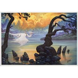 Fantasy Lake Ciruelo Signed Art Print Magical Dragons