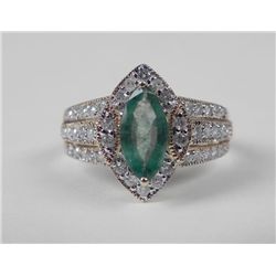 14K Yellow Gold Emerald Ring -Marquise Stone & Diamonds