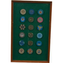 Collection of Misc. Casino Gambling Chips, in Wood Fram