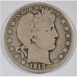 1913 BARBER HALF DOLLAR GOOD+
