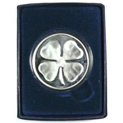 FOUR LEAF CLOVER ON A ONE OUNCE .999 SILVER ART ROUND IN CAPSULE AND BOX
