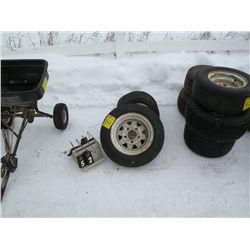 5 tires, wheel barrow/small trailer