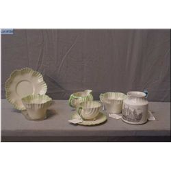 A selection of early Irish Belleek including a Neptune cups and saucer, two hexagon cups and a sauce
