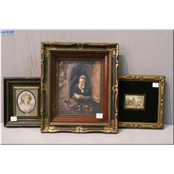 Three vintage framed prints including shadowbox of a young girl in window, Baxter style print and a 