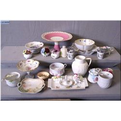 A large selection of porcelain collectibles including an Aynsley comport, Victorian moustache cups, 