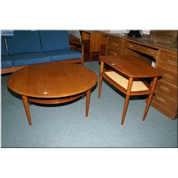 Danish made France & Sons round teak coffee table and rounded corner trapezoid end table