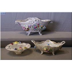 Two Dresden bowls with pierced edges and a Staffordshire spaghetti bowl