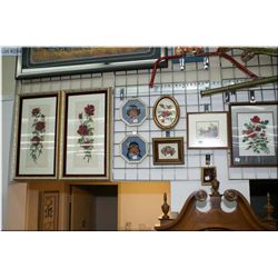 A selection of framed needleworks including petitpoint florals, children etc.