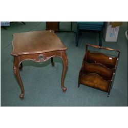 A semi-contemporary end table with Victorian influenced supports and a walnut magazine rack