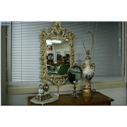 A selection of collectible including lovestory style table lamp, figural clock, ornate dresser  mirr