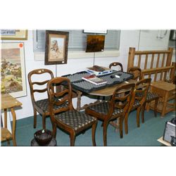Antique Oak Drop Leaf Dining Room Table w/turned legs ( Mark on table top ) & Set of Six Antique Wal