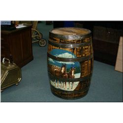 Unique Lg Wooden Rain Barrel w/painted scene of " Team of horses pulling load of firewood" w/wooden 