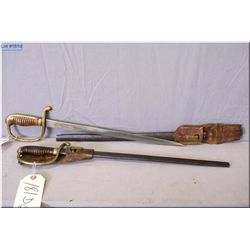 Two Short  Kinder Sabres w/16" blades, brass hilt w/wooden handles, metal scabbards & leather frogs 