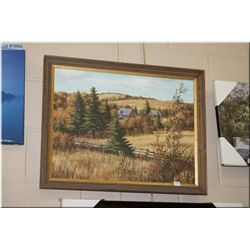 Signed original acrylic on board painting by artist Reubens of a wooded cabin in autumn 18" X 23"