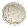 Image 1 : 1908 LIBERTY "V" NICKEL RED BOOK VALUE IS $4.00+ *NICE EARLY VERY GOOD GRADE*!!