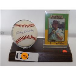 Billy Herman Autographed Baseball & Card.  Rawlings Official ALB/ Stand & Trading Card.  Appraised o