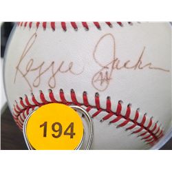 Reggie Jackson Autographed Baseball with 1964 Fleer Cased Card.  Rawlings Official ALB.  Appraised o