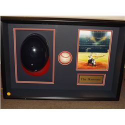Hank Aaron Autographed Shadowbox Display.  28x17x7 including hat, ball and photo (All Autographed). 