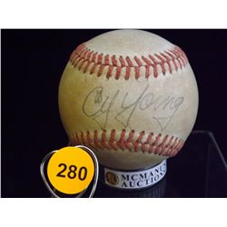 Cy Young Autographed Baseball. Reach Official ALB.  Appraised or estimated retail value $14000.  COA
