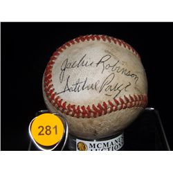 Robinson & Paige Autographed Baseball.  Unknown Baseball with Autographs of Jackie Robinson and Satc