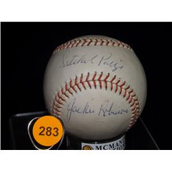 Robinson & Paige Autographed Baseball.  Wilson "GO GO SOX" Official League Ball.  Signed by Jackie R