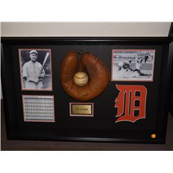 Ty Cobb Autographed Display.  31x20x5 including photos, Autographed baseball glove and Autographed b