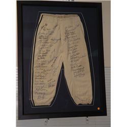 Pants Autographed by 60 HOF Players. Frame is 33x43, signatures include: Satchel Paige, Roger Maris,