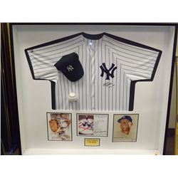 "The Mick" Mickey Mantle Shadowbox Display. Featuring NY Yankees Striped Baseball Jersey Autographed