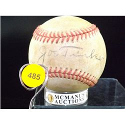 Chance, Tinker and Evers Autographed Baseball. Unlabeled, Red-Stitched Ball Bearing the Signatures o
