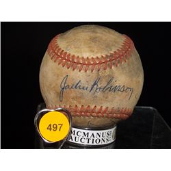 Jackie Robinson and Satchel Paige "To Ryan" Autographed Baseball. Unlabeled, Red-Stitched Ball. Appr