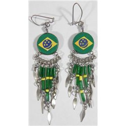 Pair Vintage Blue Brazilian Green Hand Painted Earrings