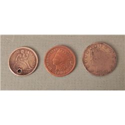 3 US Coins 1870 Dime (Holed) 1902 Nickel 1904 Cent