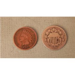 2 Nice Key US Coins 1869 Shield Nickel 1886 Indian Cent