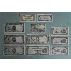 11 Pcs Japanese Invasion Currency WWII Peso, Centavos
