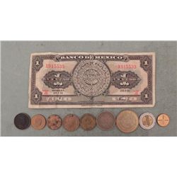 9 Old Mexican Coins & 1961 Paper Un Peso